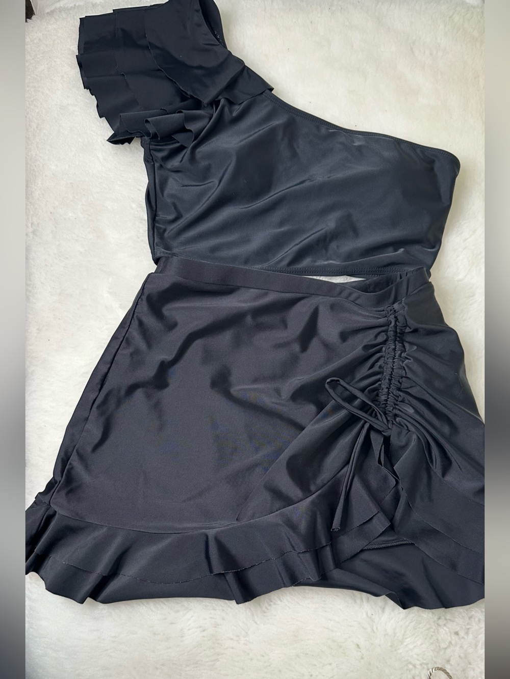 Black Ruched Tie-Side Ruffle Swim Skirt